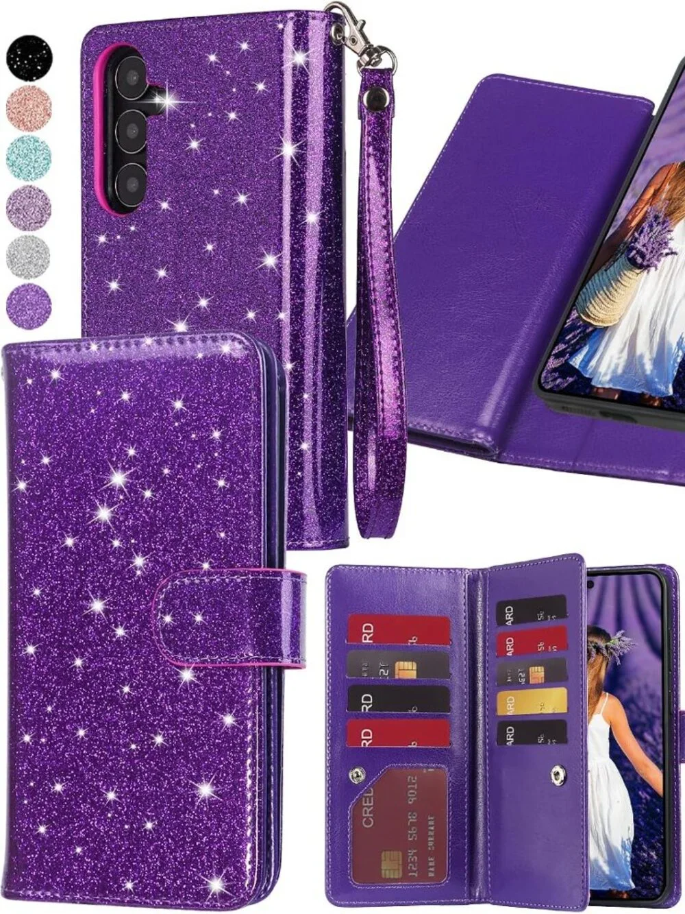 Samsung Galaxy S26 Wallet Case RFID Detachable Card Holder Glitter Purple Cover